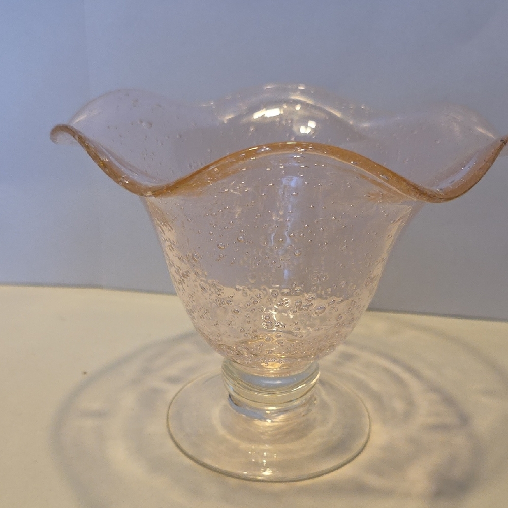 Vintage Hand-Blown Soft Pink Riffled Pedestal Vase Bowl Compote With Bubbles